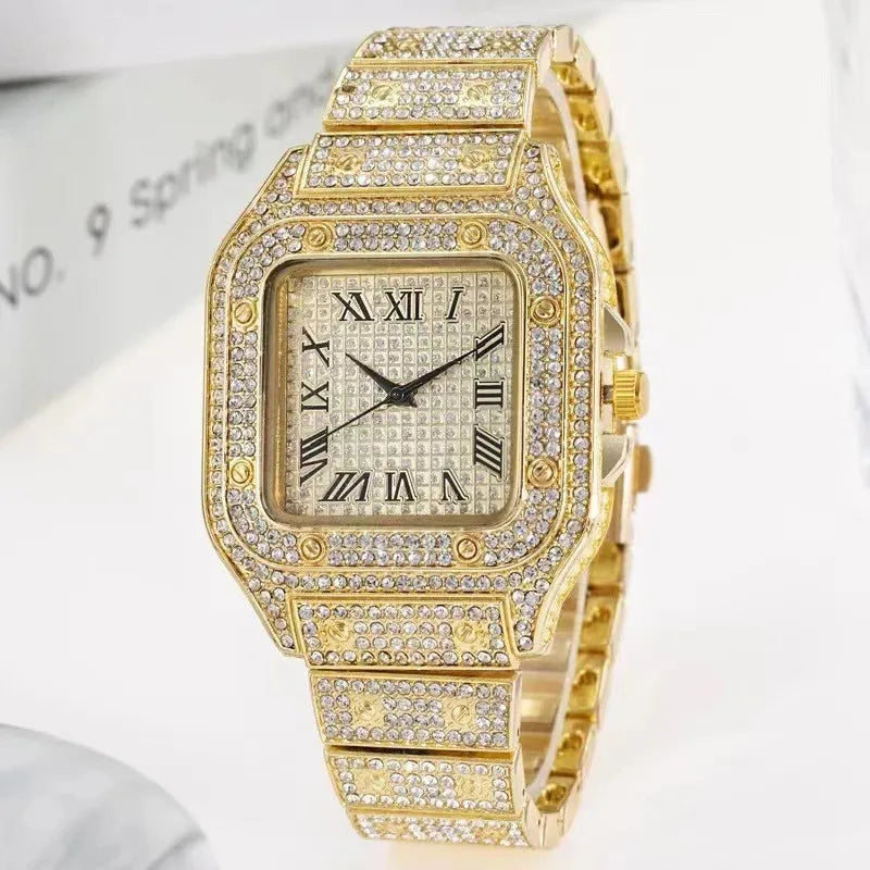 Watch For Men Luxury Gold Square Diamond Full Sky Star Male's Clock Watches Steel Band Quartz Wristwatch