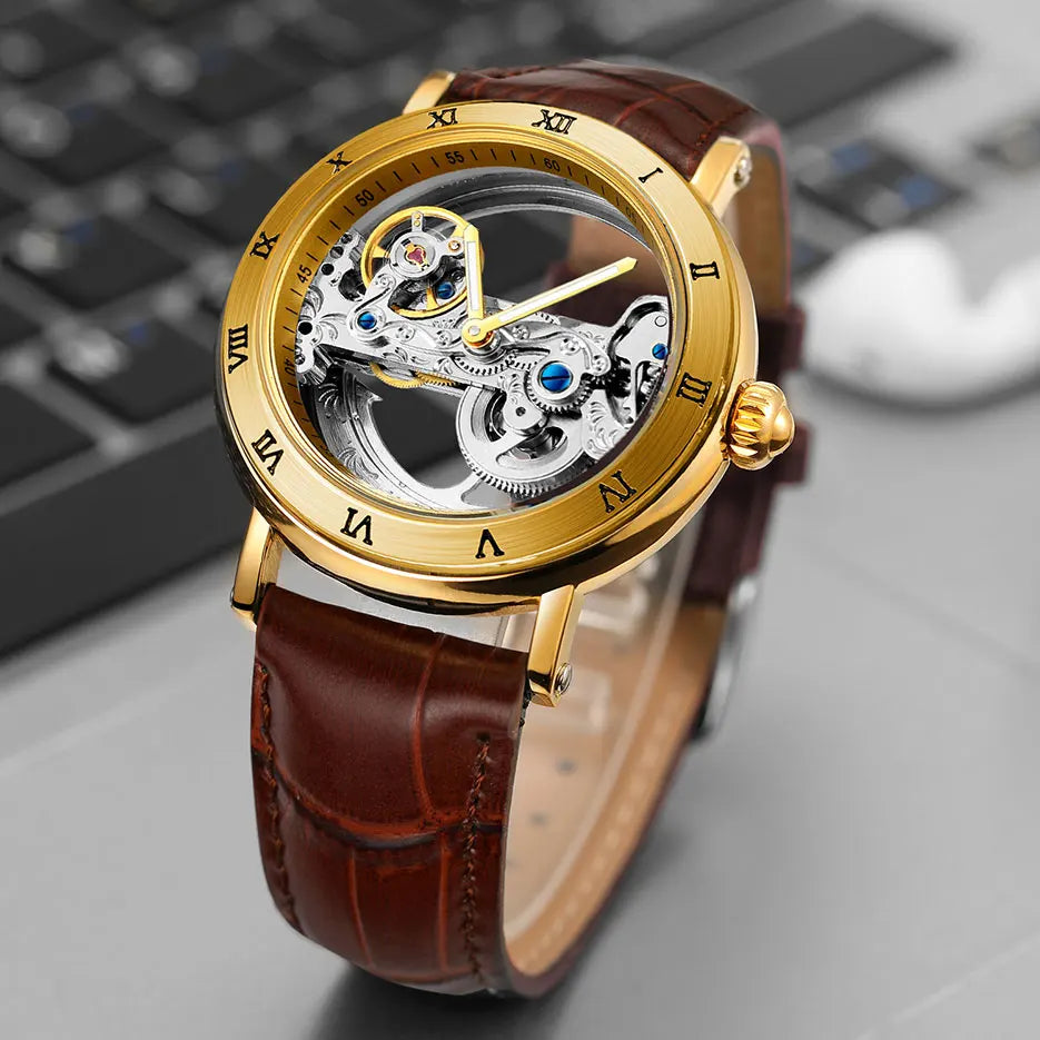 Luxury Steel Skeleton Tourbillon Automatic Watches Men Leather Mechanical Waterproof Luminous Elegant Wrist Clock