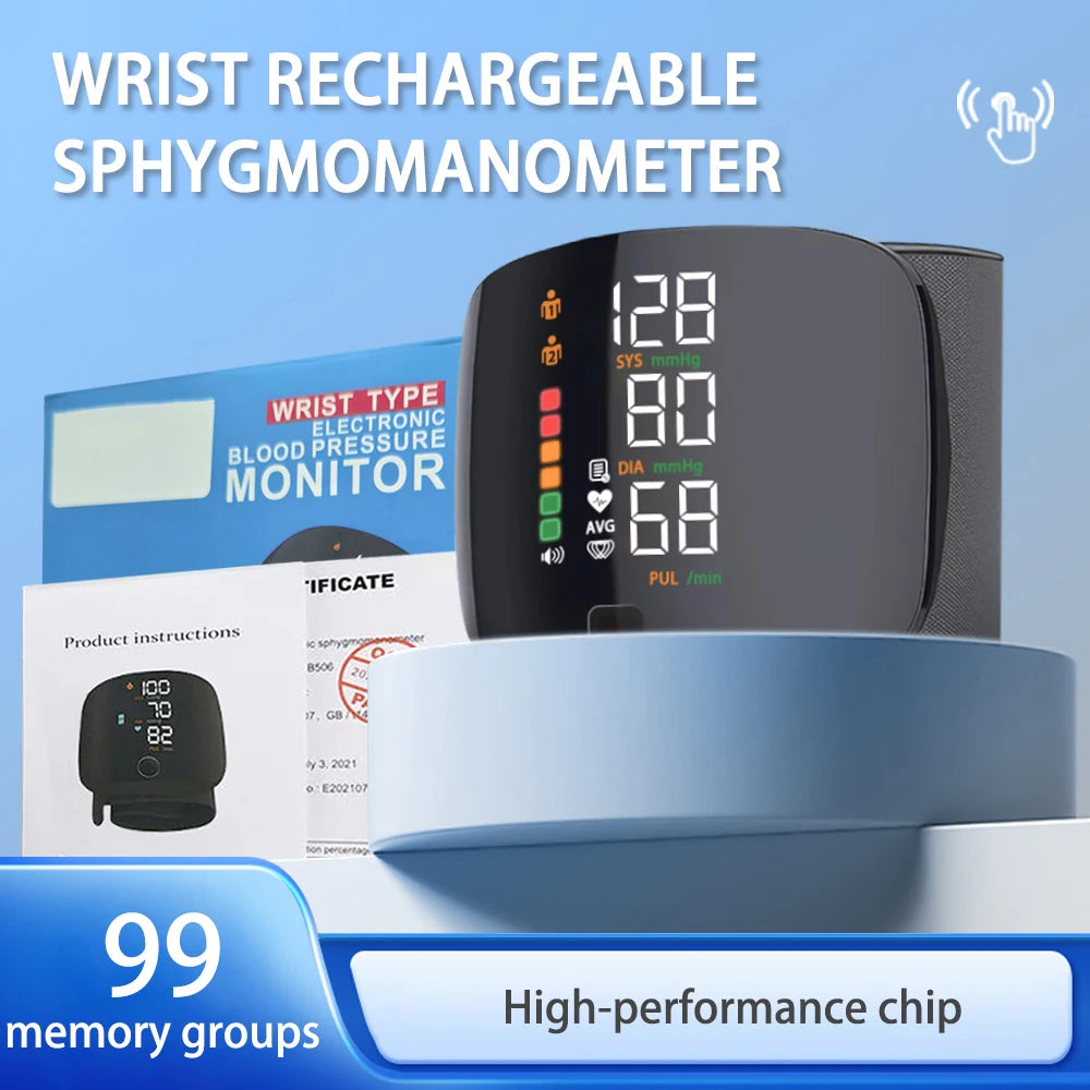 Digital Wrist Blood Pressure Meter Automatic Voice Tonometer Heart Rate Monitor Smart Touch LCD Screen Charge Sphygmomanometer