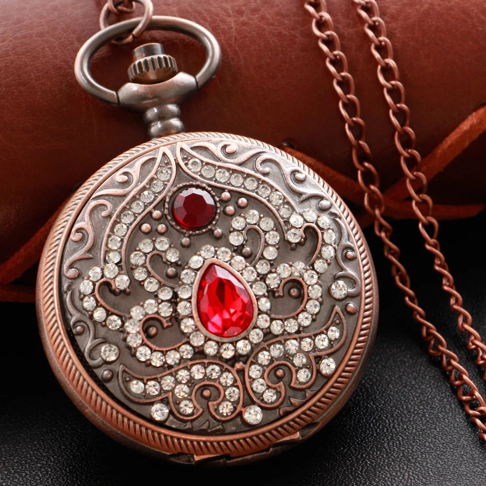 Gold Diamond Luxury Emerald Gem Pocket Watch Necklace Digital Pendant Chain Clock Fashion Sculpture Women's Men's Gift