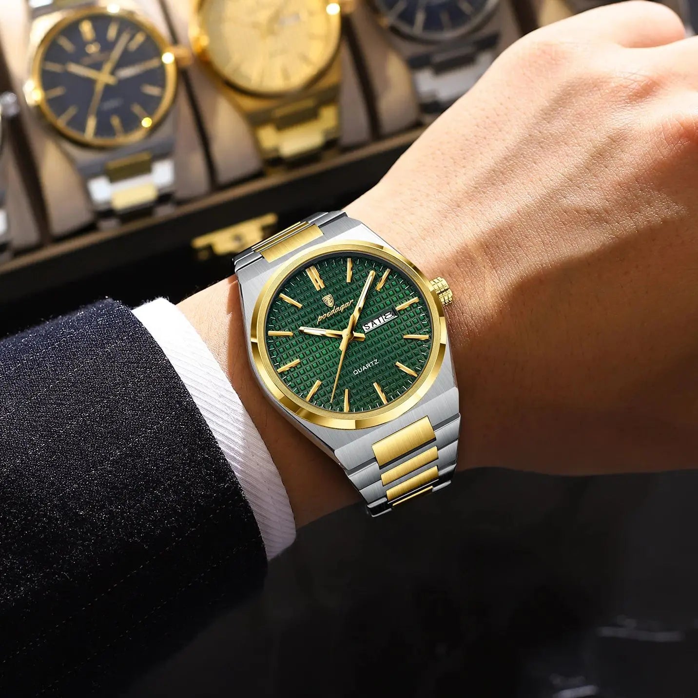 POEDAGAR Luxury Men Watch Date Week Waterproof Luminous Stainless Steel Watch For Man Casual Quartz Men's Watches Male Sport+Box