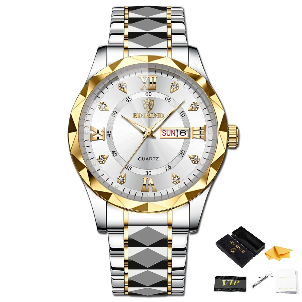 BINBOND Men Waterproof Week Date Clock Stainless Steel Sport Watch Top Brand Luxury Fashion Quartz Watch Men Quartz Wristwatch