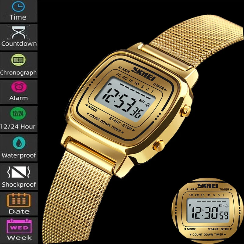 Women Bracelet Dress Watches Luxury Brand Stainless Steel Strap Fashion Waterproof Digital Chronograph Wristwatch