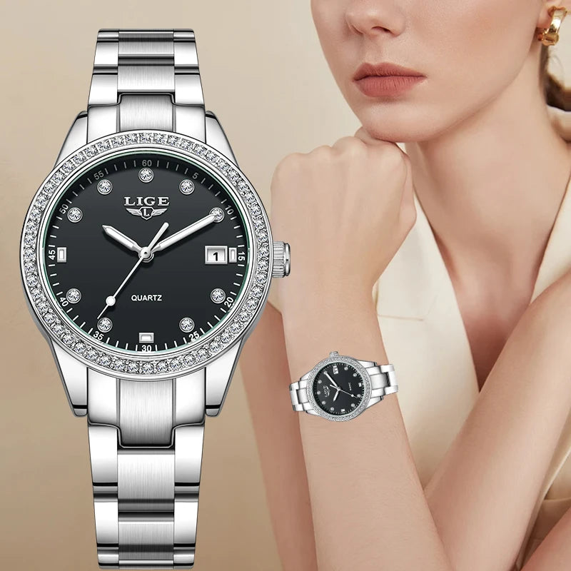 LIGE Simple Fashion Quartz Woman Watch Luxury Elegant Diamond Classic Waterproof Stainless Steel Auto Date Ladies Gift Clock+Box