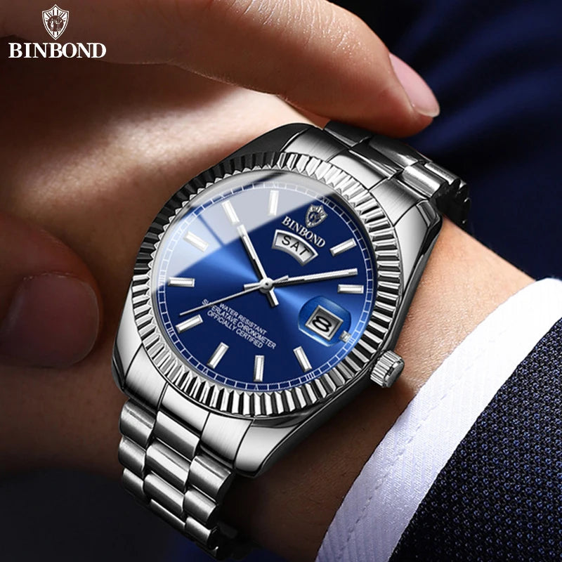 Mens Fashion Business Sports Quartz Watch 30M Waterproof Luminous Classic Calendar Creative Clock Mens Wristwatch BINBOND